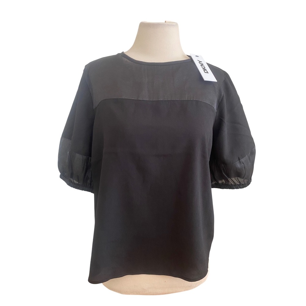 NWT DKNY Shirt Black Puff Sleeve Blouse Crew Neck Zip Back SZ M Whimsigoth‎